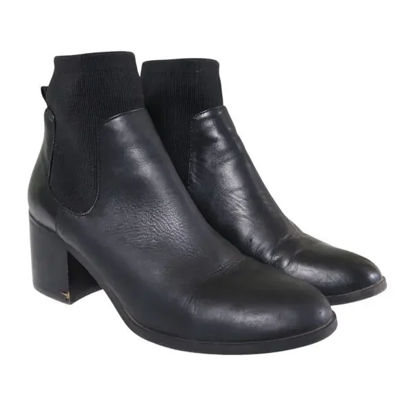 Steve Madden Womens Erika Bootie Size 8 Black Leather Stretchy Sock Stacked Heel