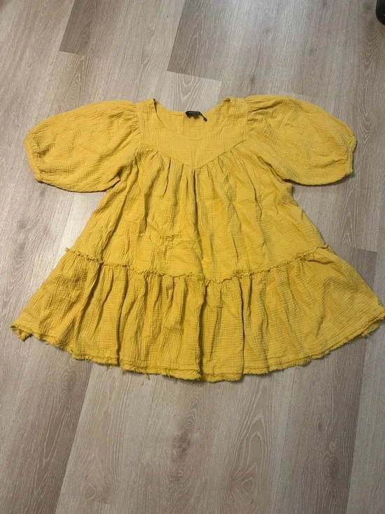 Gigio Mustard Yellow Gauze Babydoll Puffed Sleeves Tunic Top/Baby Doll Dress