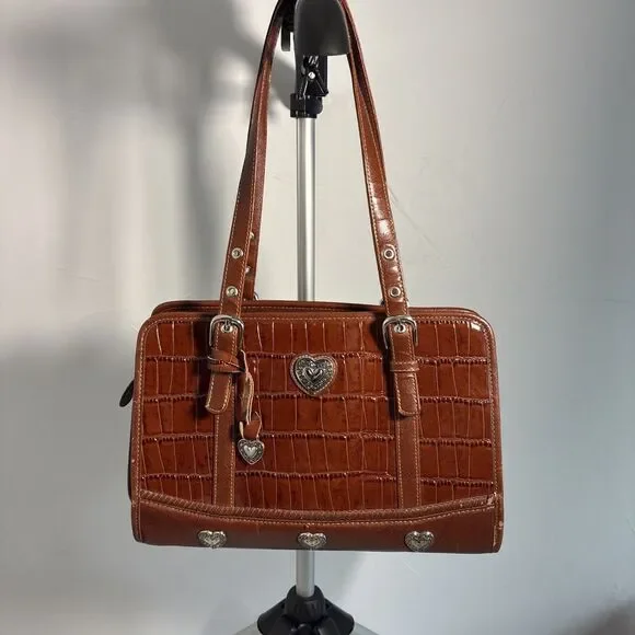 Vintage Y2K Brown Croc Embossed Shoulder Bag Western Heart Charms Top Handle