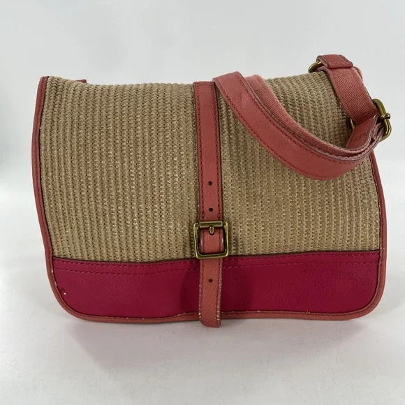 Rare Vintage Fossil Crossbody Messenger Straw & Leather Tablet Bag Pink Coral