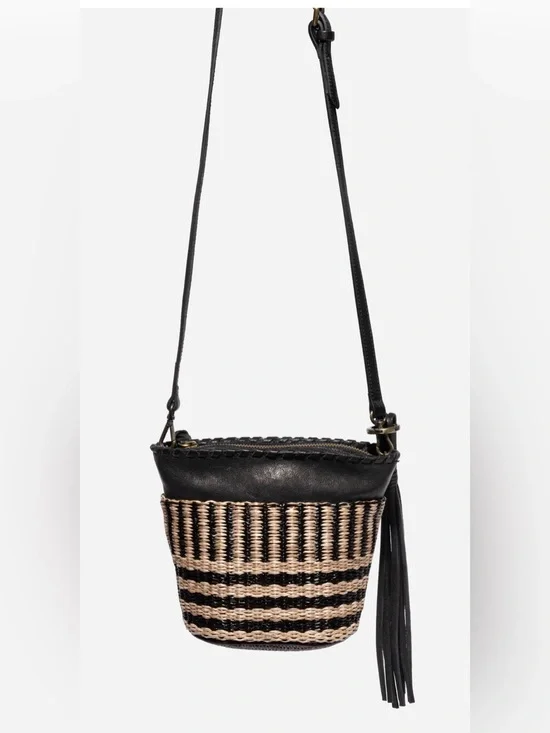Johnny Was Banda Crochet Bucket Leather Raffia Woven Tassel Boho Western Bag