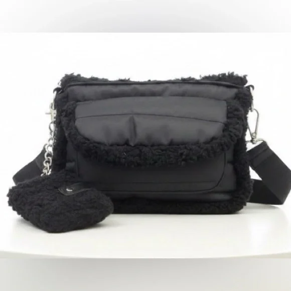 Aspen Quilted Nylon Black Faux Shearling Sherpa Crossbody Bag with Pouch Wallet