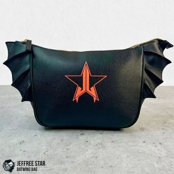 JEFFREE STAR BAT PURSE ZIPPER MAKEUP COSMETIC BAG IN BLACK VEGAN LEATHER BATWING