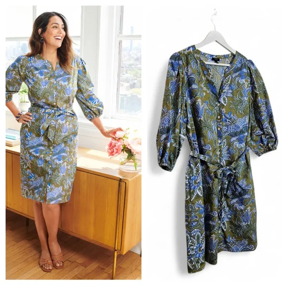 Talbots Petite 14P Floral Poplin Shirtdress Tie Waist Cotton Pockets