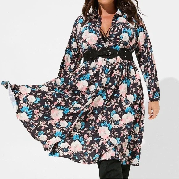 Torrid Midi Studio Crepe De Chine Long Sleeve Button Front Shirtdress Size 1X