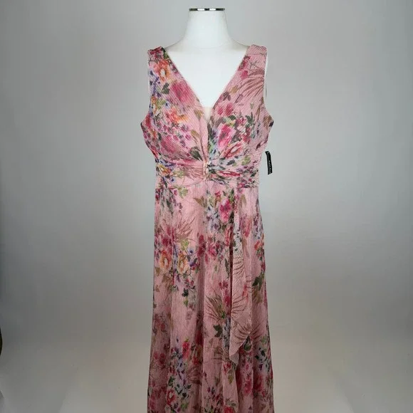 NWD R&M Richards Pink Floral Crinkle Pleated Maxi Gown Dress Size 14 Wedding