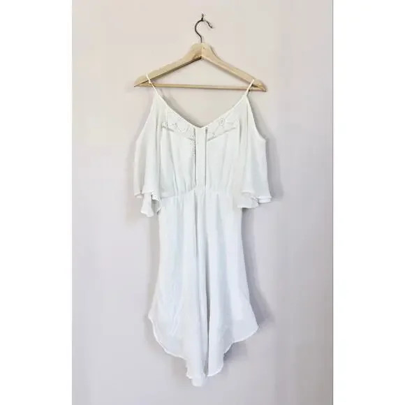 GB White Cold Shoulder Boho Dress Flowy Crochet Trim Summer Mini Dress Small