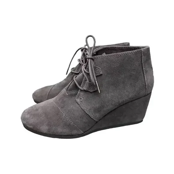 TOMS Gray Faux Suede Lace Up Casual Neutral Wedge Heel Bootie Shoe 8