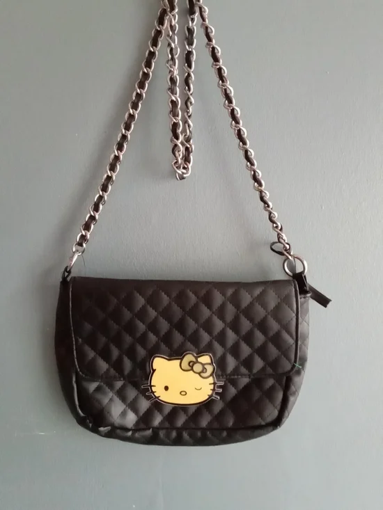 Hello Kitty Quilted Crossbody Bag Black Faux Leather Chain Strap Sanrio