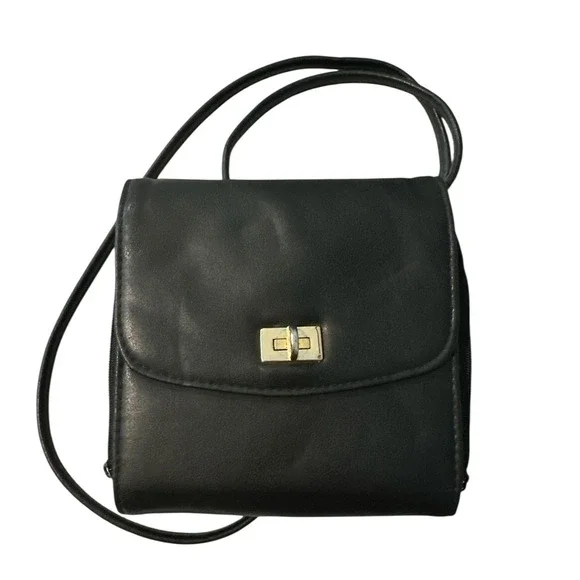 Vintage Jeun‎ Bang Black Leather Crossbody Purse Bag Multi Pocket Gold Hardware