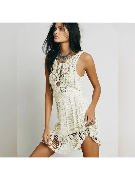 Free People Boho Macramé Crochet Knit Mini Cover Dress in Ivory Combo size Small