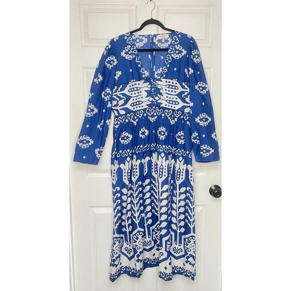SEA Women 16 Sonia Lace-up Blue Cotton-poplin Midi Dress Resort Wear Greek Boho