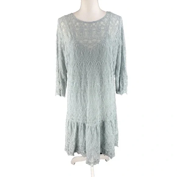 Sundance Windflower Whisper Overlay Embroidered Lace Silver Sage Dress‎ M
