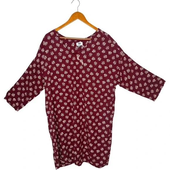 Old‎ Navy Womens XL Short Tunic Dress Floral Print Maroon Casual BOHO Festival