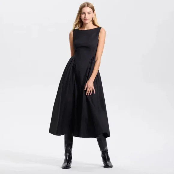 NWT Black Cap Sleeve Gathered Waist Midi Dress Size XXL