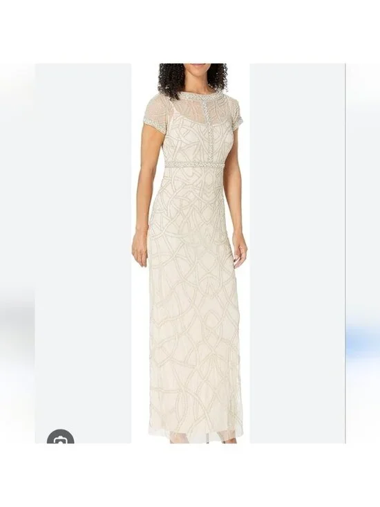 Aidan Mattox Cream Nude Beaded Illusion Gown