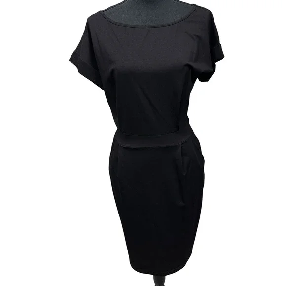 Pretty Garden Black Short Sleeve Dress Waist Tie Back Women's Medium Pockets