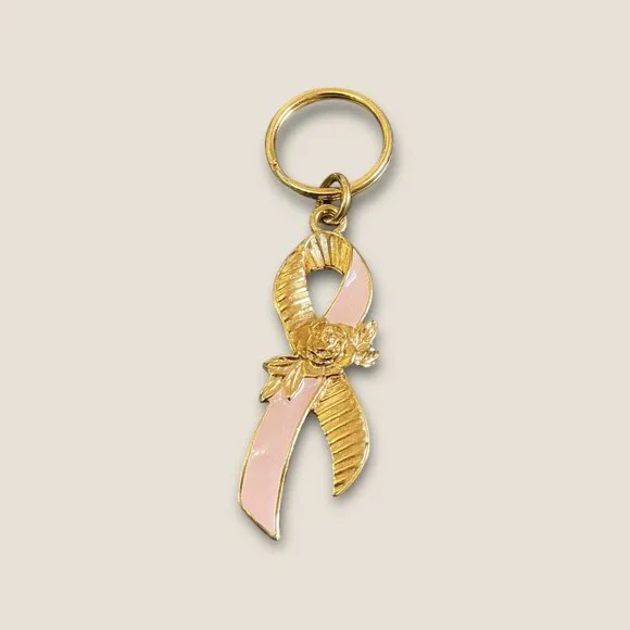 Avon Breast Cancer Awareness Pink & Gold Ribbon Keychain Vintage Collectible