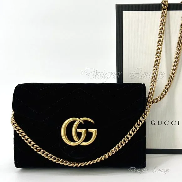 NEW GUCCI GG Marmont Matelassé Black Velvet Wallet On Chain / Crossbody Bag