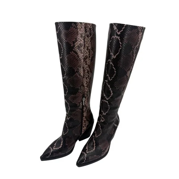 Vince Camuto Gravana Snake Print Knee High Boots Size 7.5 Brown Pointed Toe New