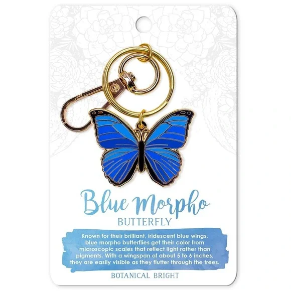 Blue Morpho Butterfly Enamel Keychain with Key Clip - Gold Plated Accessory