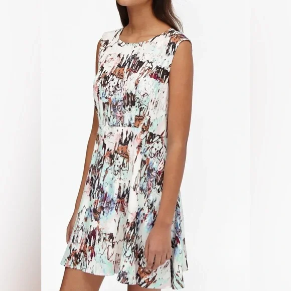 French Connection Isla Ripple Watercolor Fit & Flare Dress, Cream/Multi, Size 12