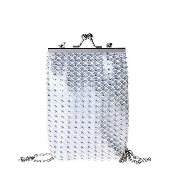 Women Kiss Lock Framed Silver Rhinestone Textured Design Crossbody Handbag