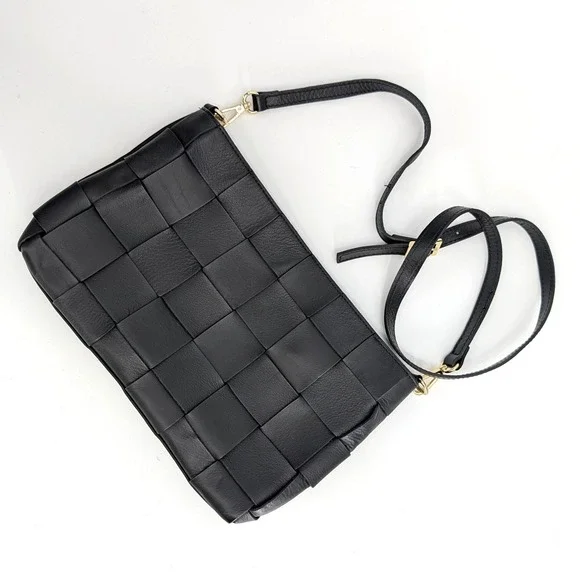 Anna Paola Black Woven Leather Crossbody Bag Made in Italy Gold Hardware