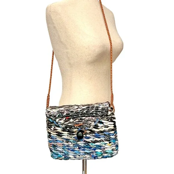 Handmade Women's Crossbody Purse Basket Woven Magazine Paper Leather Strap Blue