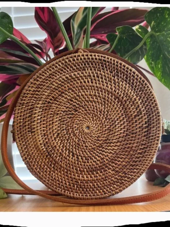 Rattan & Leather Round Crossbody Bag NWOT