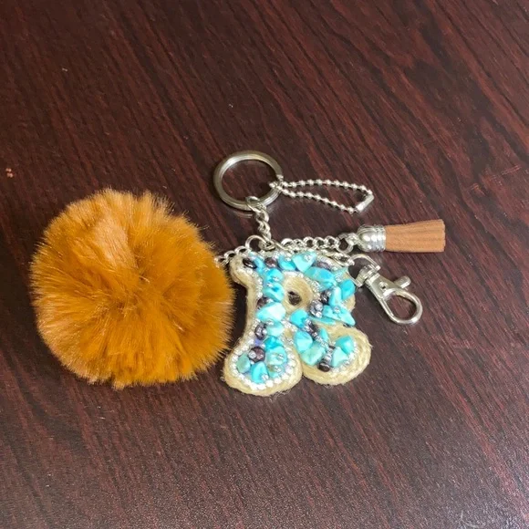Purse charm Keychain with Leather B Brown pom pom purse charm