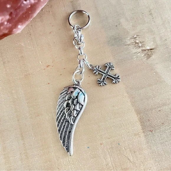 $10 SALE Handmade Cross & Angel Wing Keychain Mixed Metal
