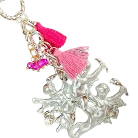 Silver Cherub Bag Charm with Pink Tassels & Rhinestone Accents Handmade‎
