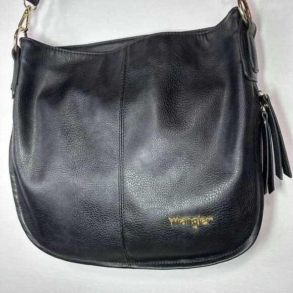 Wrangler Hobo Crossbody Shoulder Bag Black‎ Leather Purse Expandable Zip