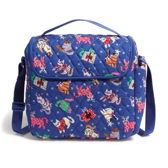 NWT Vera Bradley Cotton Lunch Crossbody Bag Catnip Christmas Cats Blue $65