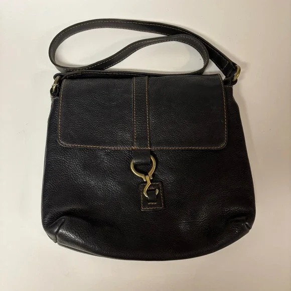 VTG Ralph Lauren Black Leather Crossbody Bag Equestrian Hook Flap Messenger