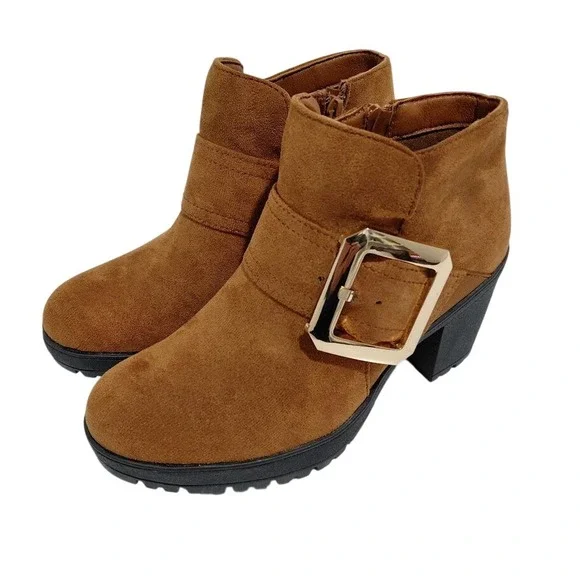 Forever Ankle Boots Women Brown Faux Suede Gold Buckle Block Heel Zip Size 6.5