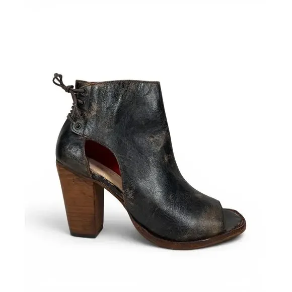 Bed Stu Angelique Peep Toe Bootie Heel Womens 9 Black Lux Distressed Leather