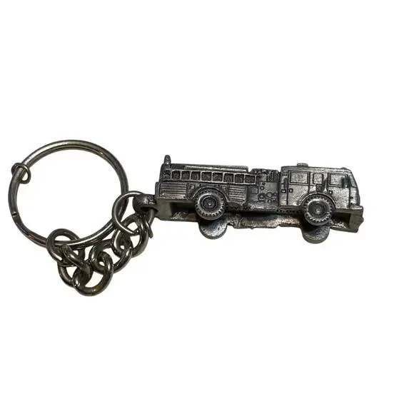 FFBI Firefighters Burn Institute Fire Truck Keychain Pewter Tone Metal 4¾