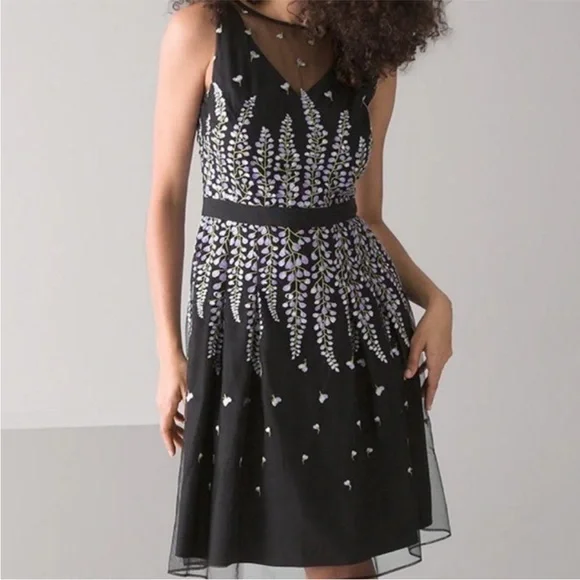 Like New White House Black Market Floral Embroidered Mesh Dress Black Size 14