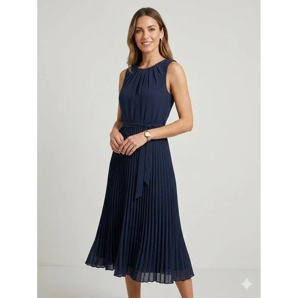 JJ House Women's Dark Navy Pleated Chiffon Midi Dress Sz 4