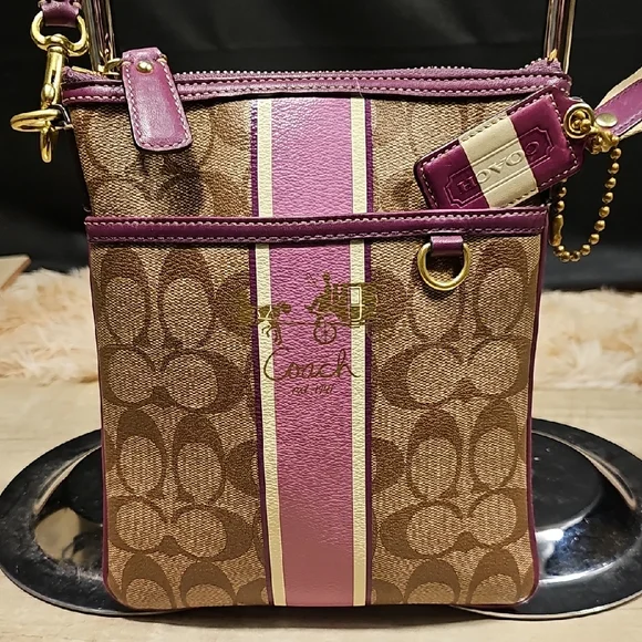 Coach Brown Signature Crossbody with Purple Stripe & Gold Hardware