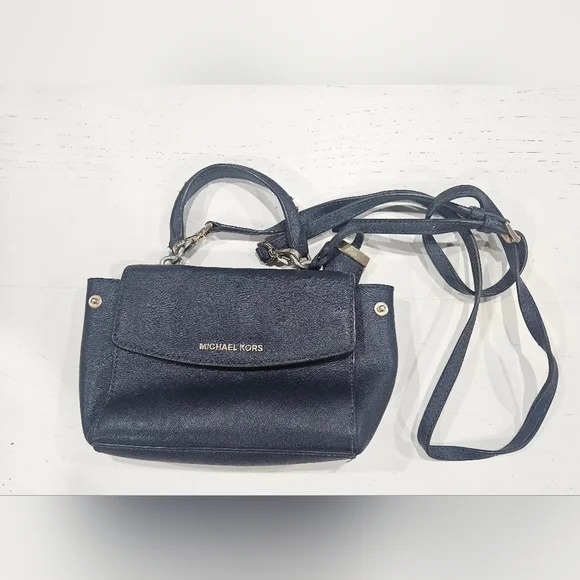 Michael Kors Ava Extra-Small Saffiano Leather Crossbody. Navy Blue & Gold Purse