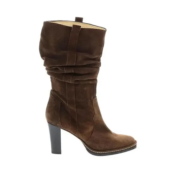 Via Spiga Russo Mid Calf Suede Slouch Leather Boots Block Heel 6.5 Brown Pull On