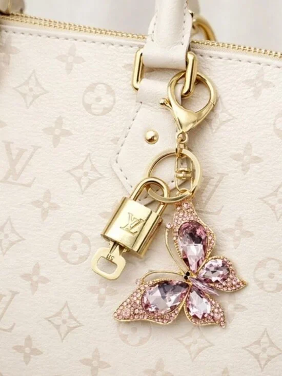 LV Gold Padlock Authentic 🔑 Luxury Bag Charm w/ Unbranded Buttefly Keychain