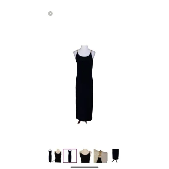 Michael Kors Black Gold Chain Strap Jersey Knit Maxi Slip style Dress Med