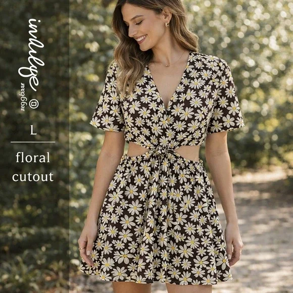 Indulge In Style Brown Daisy Floral Cut-Out Mini Dress Womens Large V-Neck Retro