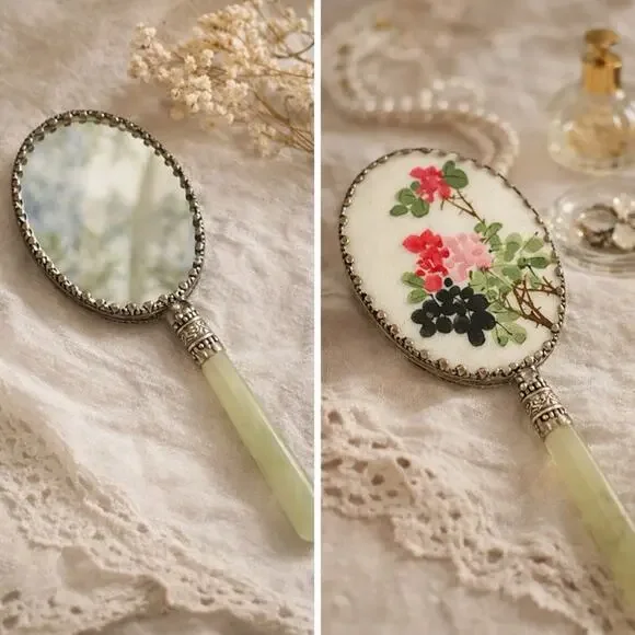 Mid Century Cottagecore Floral Hand Mirror Satin Glass Lucite Vanity Mirror 50s