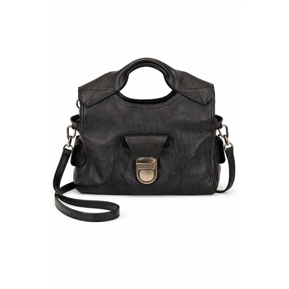 Francesco Biasia Black Leather Satchel Crossbody Top Handle Shoulder Bag