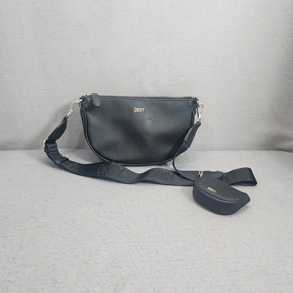 DKNY Crossbody Bag Black Saffiano Leather Logo Strap Coin Purse Womens Small